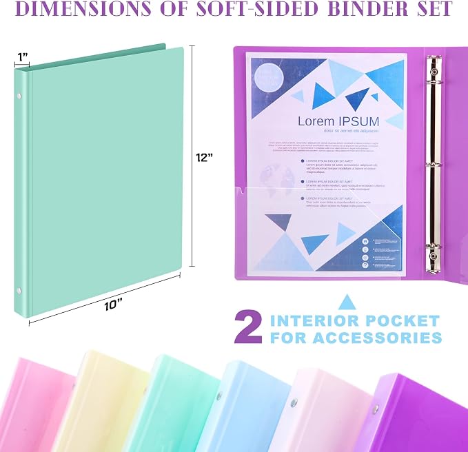 Fulmoon 6 Pack 1 Inch Plastic 3 Ring Binders with Pockets, Pastel Colors | Flexible Covers with Round Rings and Front Pockets for Organizing Papers at School, Office, Meetings and Presentations