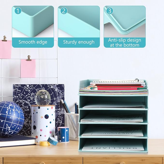 Tatuo 16 Pack Stackable Paper Trays Plastic Letter Tray Desk Organizer Paper Holder Organizer Storage Office Desk Accessories for Classroom Magazine File Documents 12.8 x 9.45 x 1.97, Blue Green
