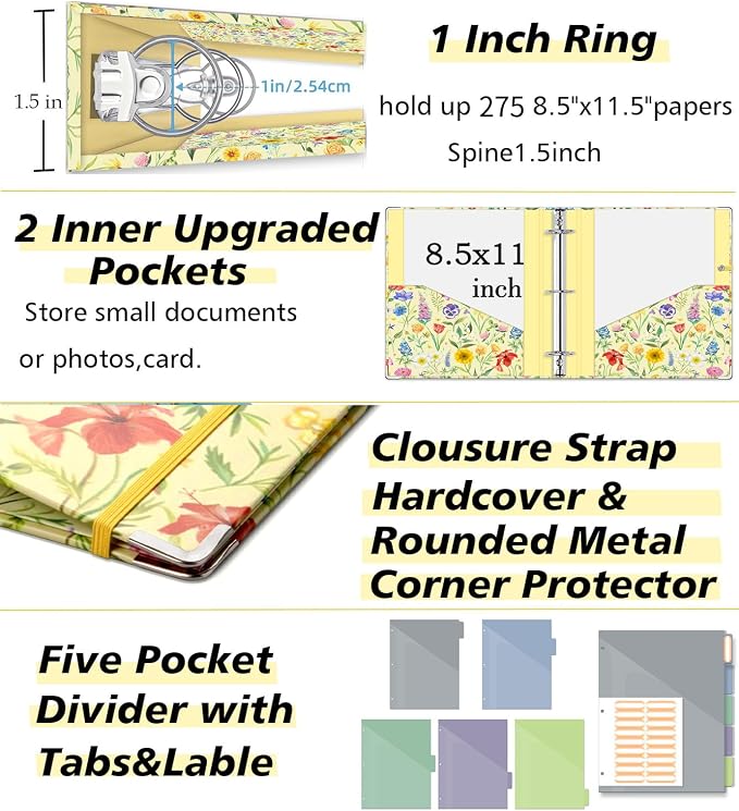 3 Ring Binder 1 Inch, Three Ring Binders Organizer with Clipboard, 5-Tabs Pockets Dividers, Plastic Folder, 18 Divider Stikers, KLLVE Cute Binder with Pen Loop (Garden Party, Letter Size)