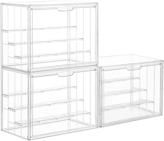Clear Acrylic Display Case for Figures 4 Layer Figure Display Shelf with 3 Movable Plate Stackable Display Box with Magnetic Door for Collectibles 3 Pack