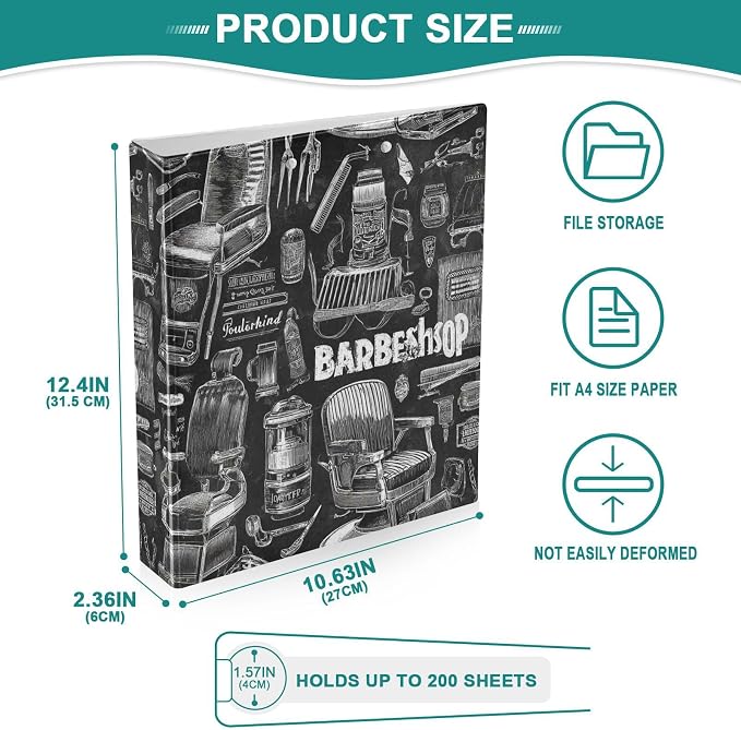 Caikeny 3 Ring Binder Vintage Barbershop Equipment 1.5 Inch Binders Round Ring Clipboard with 2 Pockets for Office Supplies