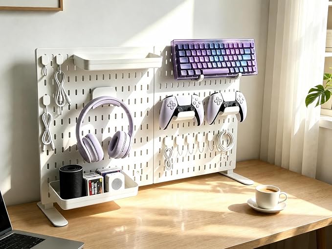Gaming Desk Organizer, No-Drill Freestanding Desk Pegboard with Headphone Stand, Controller Holder, Keyboard Stand & Shelves, 5-in-1 Gaming Setup Accessories for Dorm Room & Home Office, White