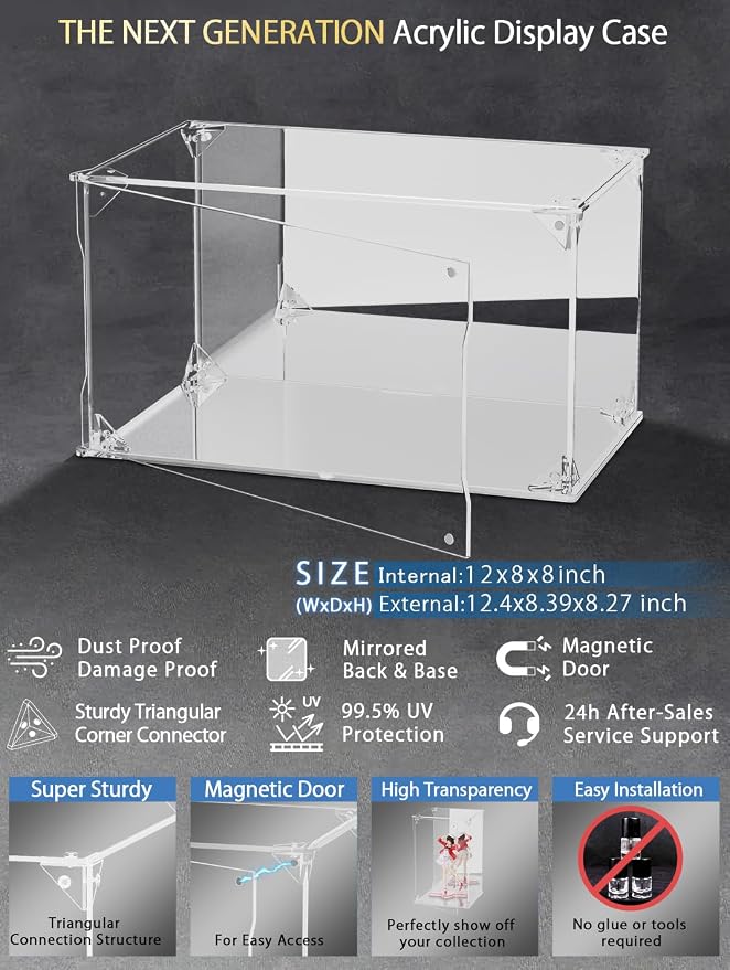 Clear Acrylic Display Case with Mirrored Back and Base, UV Protected Acrylic Box with Magnetic Door, Dustproof Display Box Showcase for Collectibles, Figures, Models, Toys (12x8x8inch)