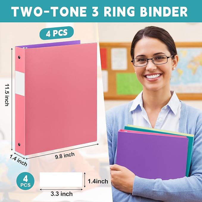 Henoyso 4 Pack Two-Tone Durable 3 Ring Binders 1 Inch, 4 Inner Pockets, Colored Plastic Flexible Binders with Large Capacity for School & Office