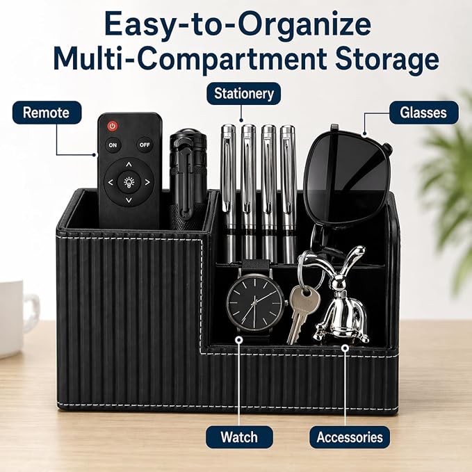 Desk Pen Organizer Office Supplies Caddy Pu Leather Multi-function Storage Box Pen/Pencil,Cell phone, Business Name Cards Remote Control Holder (Black)