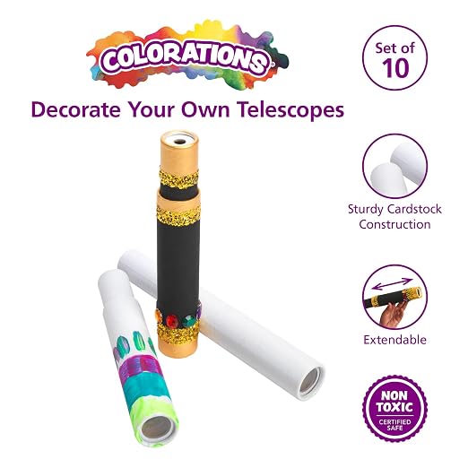 Colorations Decorate Your Own Telescopes, Set of 10, 11" L x 1.5" D | Crafts for Boys and Girls, Classroom Kit, Kids' Art, Fun Holiday Activity