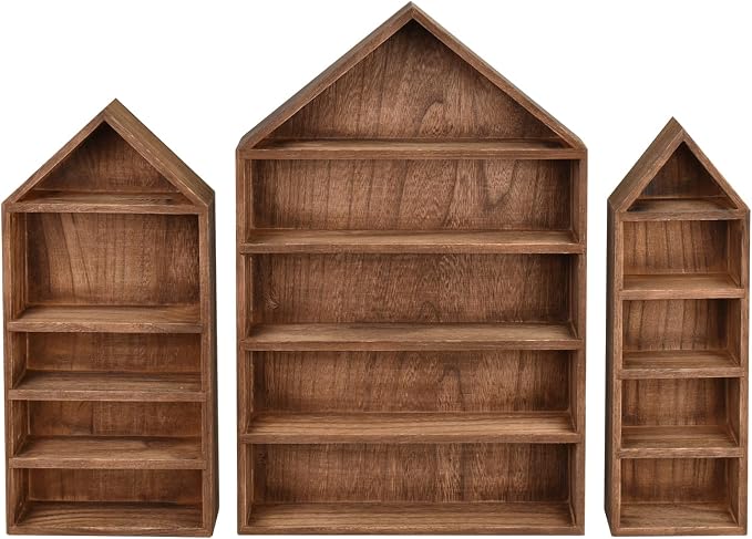 Ikee Design 3-Pc House-Shaped Wooden Shadow Box Shelf, Brown | Set of 3 wood shadow box shelves displays collectibles and accessories in grouped or separate wall arrangements.