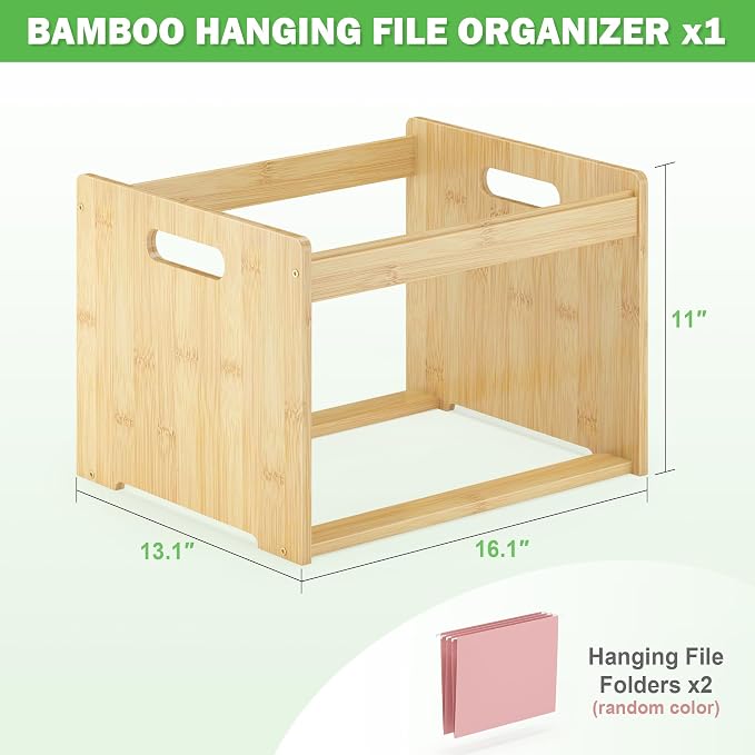 Wisue Essentials Bamboo Hanging File Organizer, Wood File Folder, Nature