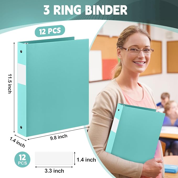 Henoyso 12 Pack 1 Inch 3 Ring Plastic Binders, Bulk Flexible PP Binders for Classroom & School Supplies, Letter Size 8.5 x 11, Holds 240 Sheets with Interior Pocket (Mint Green)