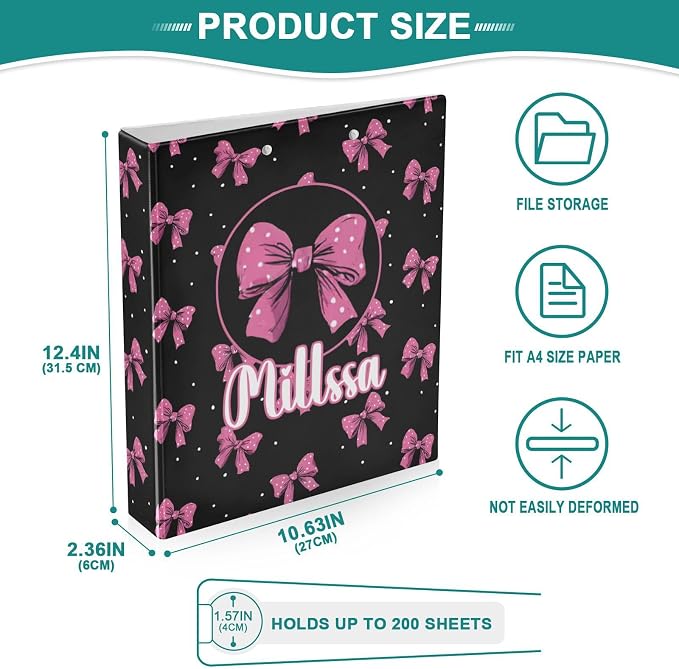 Bows 3 Ring Binder with Clipboard Round Ring Binders Pink Polka Dot Personalized Binder 3 Interior Clear Pockets for Office Supplies 2 Pack