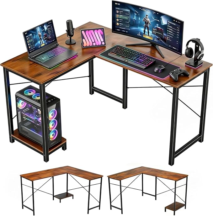 L Shaped Desk Computer Desk, 50inch Brown Gaming Desk with CPU Stand | Reversible Corner Desk, Sturdy Metal Frame, Student Study Writing Table for Home Office