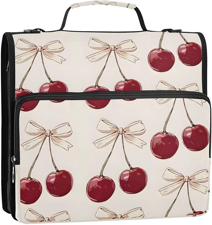Cherry Pink Bow Cherries Zipper Binder Bag 3 Ring Binder with Shoulder Strap Zip Up 500 Sheets Capacity Multi Pockets for School Office Supplies