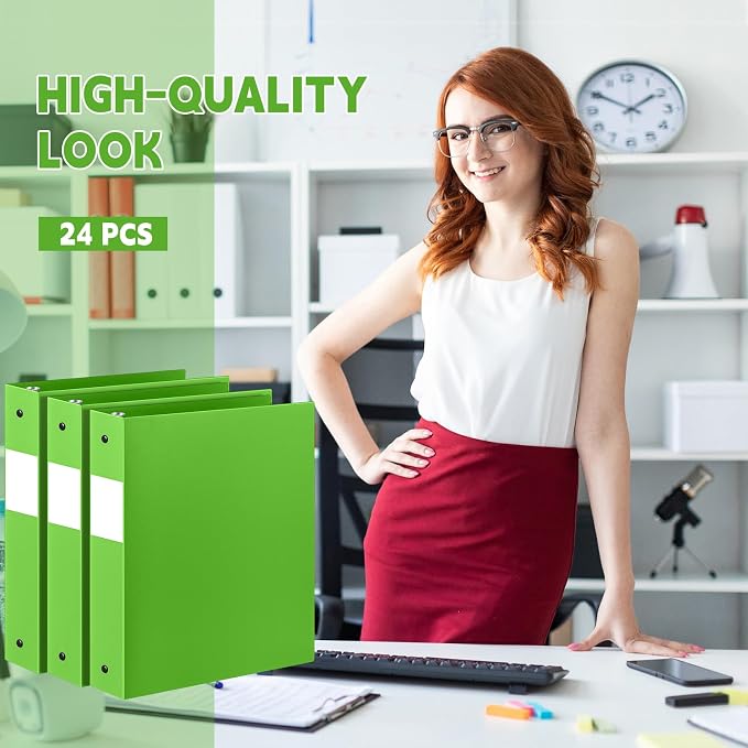 Henoyso 24 Pcs 1.5 Inch 3 Ring Binders, Letter Size,Lime Green | Binders Bulk, Holds 350 Sheets, Round Rings, Durable Flexible PP Plastic Covers, Pockets Labels, School Office Supplies