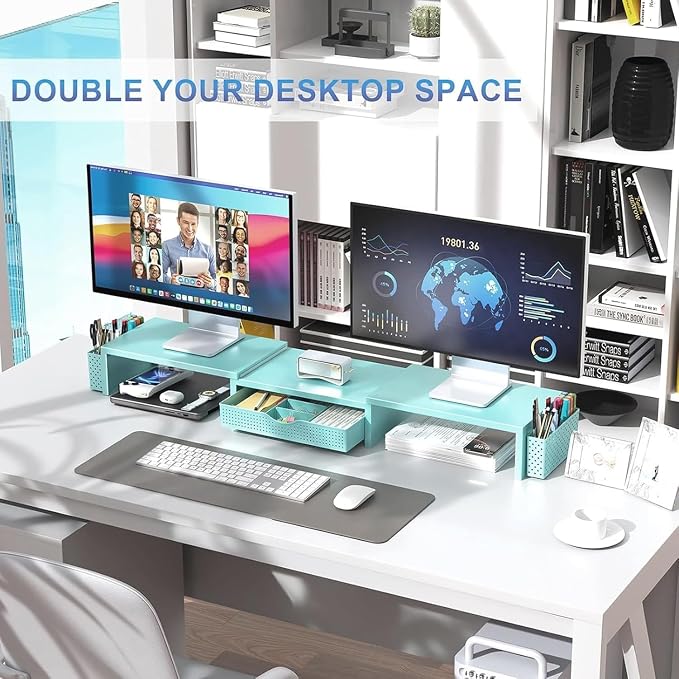 gianotter Dual Monitor Stand Riser With Drawer and 2 Pen Holders | Computer Monitor Stand Desk Organizer and Accessories Desk Shelf for Top of Desk (Blue)