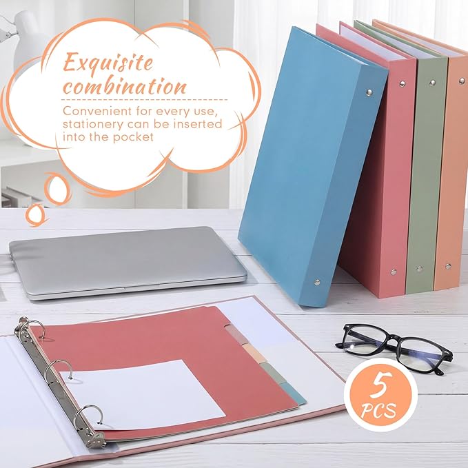Ctosree 5 Sets 1 Inch Heavy Duty 3 Ring Binder with 2 Pockets with 5 Tab Dividers 8.5 x 11 Inch Plastic Film and File Folder Labels for Letter Size Paper Office Home Supplies(Retro Color)