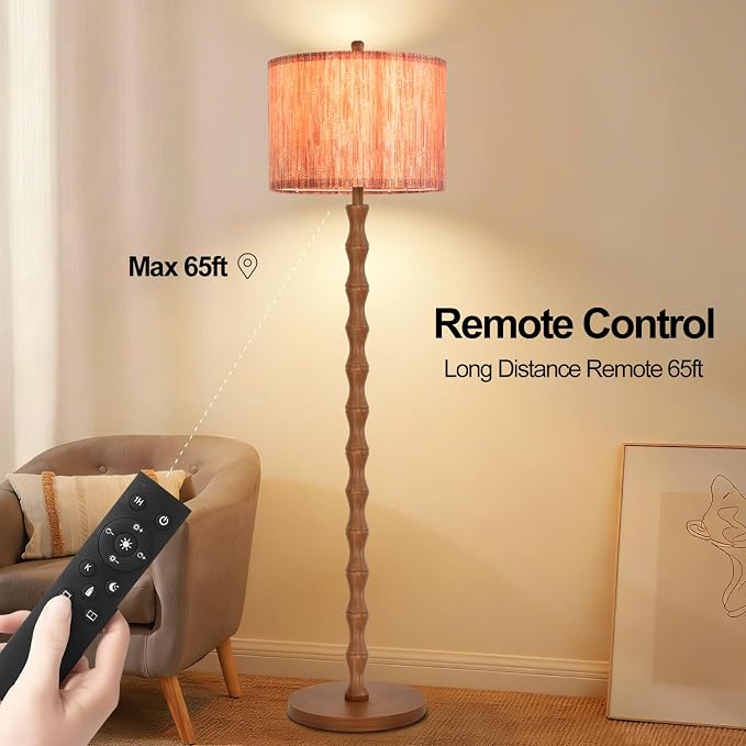 Wood Floor Lamps for Living Room Boho Farmhouse Floor Lamp with Remote Control,Dimmable Vintage Floor Lamp Mid Century Modern Standing Lamp with 3 Color Temperature Tall Floor Lamps For Bedroom Corner