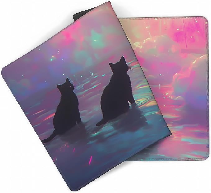 Anime Black Cat Gaming Mouse Pad, Blue Pink Dreamy Desk Mat with Anti-Slip Base & Stitched Edges,35.4" x 15.7" in Table Mat for Computer Desktop, Beautiful Workstation Decor