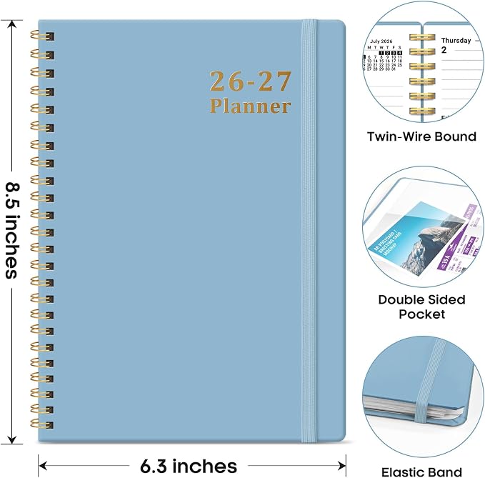 Taja Planner 2026-2027, 6.3" x 8.5" Calendar Planner, Jul 2026-Jun 2027 | A5 Hardcover Weekly & Monthly Academic Year Planner, Large Planning Agenda With Tabs, School & Office Supplies, Baby Blue