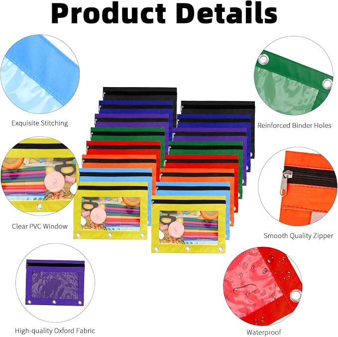 Pencil Pouch for 3 Ring Binder, 16 Pack Pencil Bags with Zipper, Large Capacity Pencil Case for Binder Assorted Color Pencil Case Pouch with Clear Window and Grommets Pencil Pocket for Office Supplies