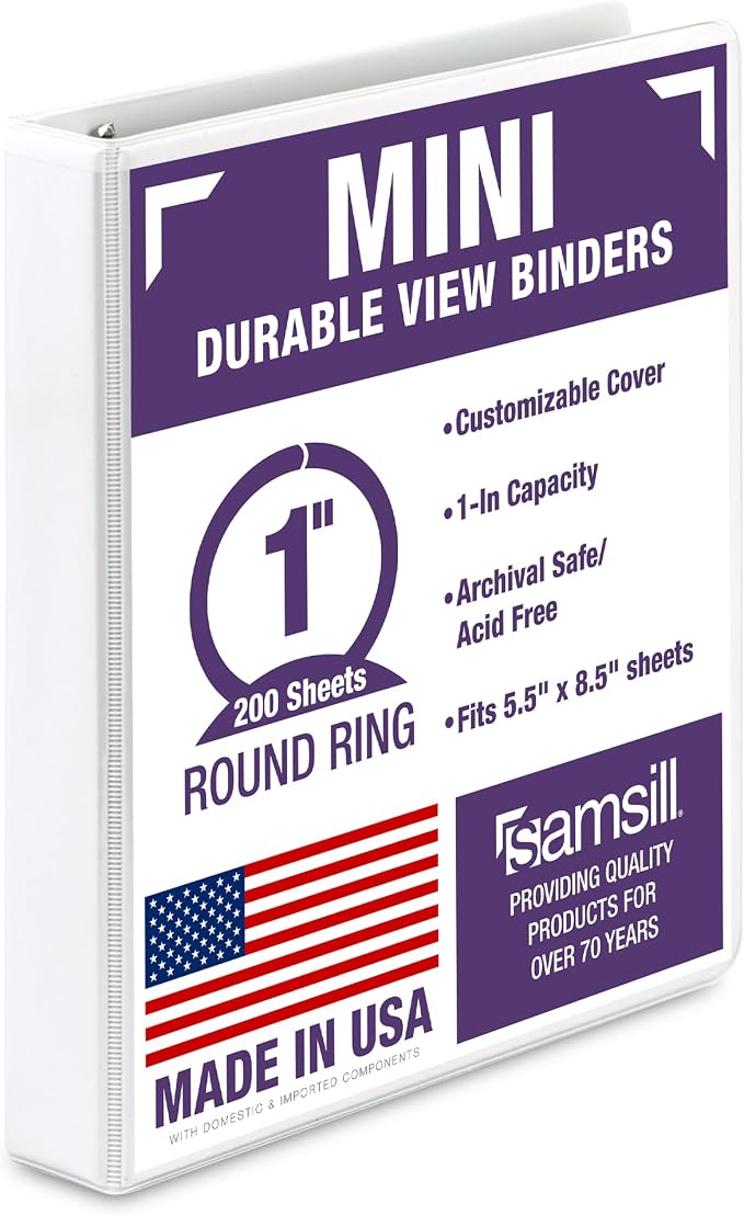 Samsill Durable 1 Inch Mini 3 Ring Binder, Round Ring Binder, Holds 5.5 x 8.5 Inch Documents, Customizable Cover, 1" View, Single, White