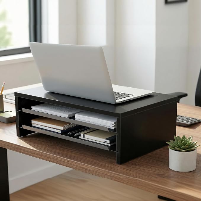 Fenge 14.3-Inch Monitor Stand with Slide-Out Trays, Wood & Metal Desk Shelf | 3-Tier Space-Saving Desk Storage Organizer, Fits Computer, Laptop, Printer and Telephone