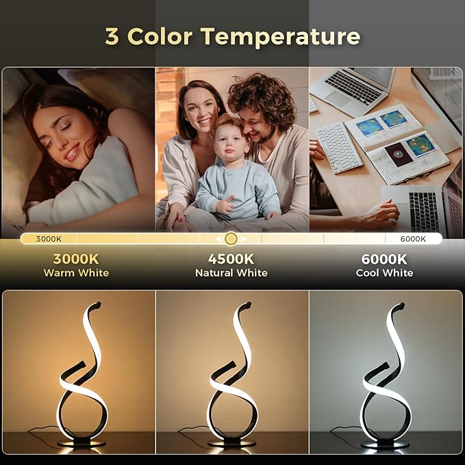 Modern Dimmable LED Spiral Touch Table Lamp for Nightstand | 3 Color Temperature Desk Lamp, Unique Bedside Light for Living Room, Bedroom, Cool Lamps for Ideal Gift, Black