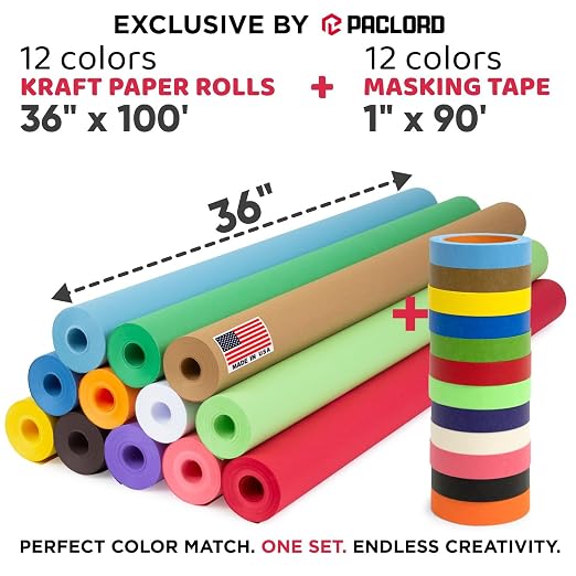 12 Rolls of Colored Kraft Paper and 12 Rolls of Colored Masking Tape | 1" Wide Tape, 36" x 100' Kraft Paper Rolls - Bulk Kids Craft Supplies - For Arts, Decoration, DIY, School