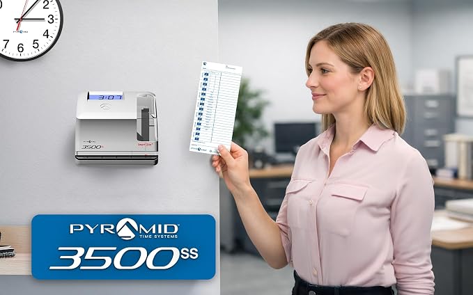 Pyramid Time Systems - 3500SS Employee Automatic Time Clock Bundle | For Payroll Tracking and Attendance Management, With SmartSite Alignment, 25 Time Cards, 1 Ribbon and 2 Security Keys