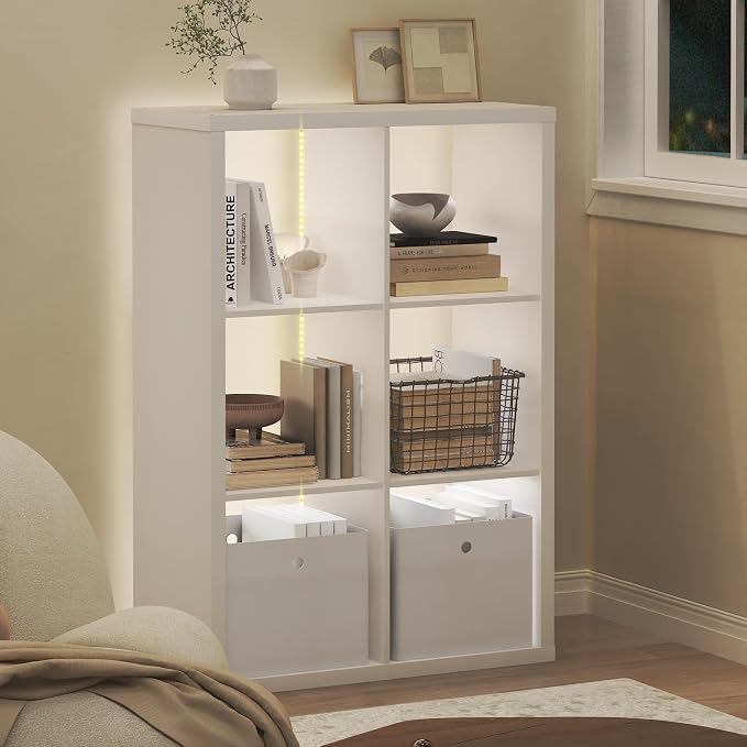 Furinno Cubicle Book Shelf with LED Lights, 6-Cube Bookshelf, Reversible Extra Thick Frame Bookcase, Display Storage Shelves, for Living Room, Bedroom, Home Office, White