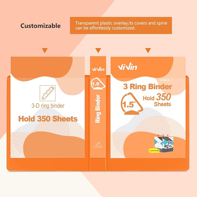 ViVin Sturdy 1.5 Inch 3 Ring Binder with 2 Pockets, 6 Pack, Orange | Slant-D Ring Binder, PVC-Free, Customizable Clear View Binder,Holds 350 Sheets of 8.5" x 11" Paper for Office, Home, School