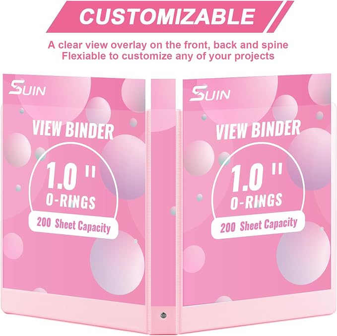 SUIN 1-inch 3 Ring Binder with 2 Interior Pockets, 1''Durable Binders Holds US Letter Size 8.5'' x 11'' Paper - Versatile Binders for Office, Home, and School Use, 6 Pack Pastel Pink