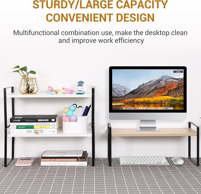 YGYQZ Desk Shelf Organizer, 1-Tier Desktop Bookshelf, Black & Wood | Cute Minimalist Style, Modular Desktop Storage, Space-Saving Organization, Ideal for Office & Dorm