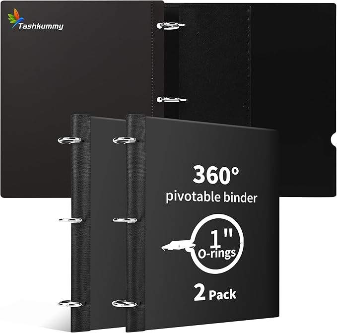 360° Pivotable 3 Ring Binder, Upgraded Foldable Binders 1 inch 2 Pack, Thin Small Three Ring Binder Fits 8.5" x 11", for Home, School and Office Binders Supplies - Black