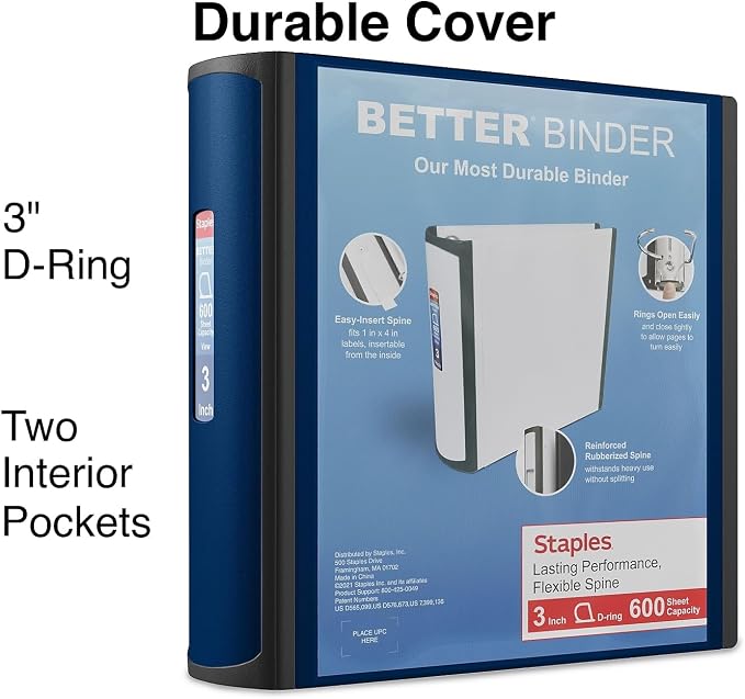 Staples Better Binder, 3 Inch D-Ring, Blue, Reinforced Rubber Spine | Heavy-duty design holds up to 600 sheets for school and office use.