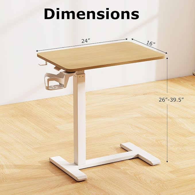 Tangkula Mobile Standing Desk, Pneumatic Height Adjustable Rolling Desk with Cup Holder & Headphone Hook, Overbed Table with Hidden Wheels, Laptop Computer Cart for Couch, Home, Office (Natural)