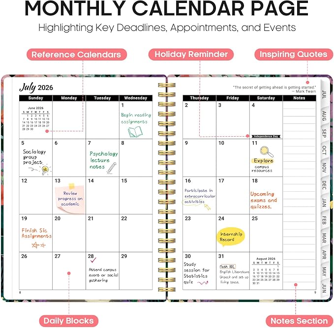 Planner 2026-2027, Monthly & Weekly Jul 2026-Jun 2027 Calendar Book | 6.3" x 8.5", Hardcover Spiral Planner with Tabs, School & Daily Pretty Agenda for Women, Students, Teachers, Velvet Path