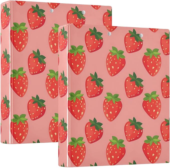 JIPONI 3 Ring Binder Strawberrys Pink Background 1 Inch Round Binders for Men Women Students, Cute File Organizer for Office School, 2 pcs