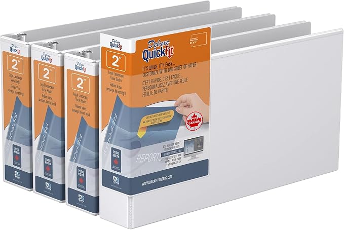 QuickFit Heavy-Duty 8.5" x 14" Landscape Legal Binder, 3-Ring Binder, Round Ring, White, 4 Pack, 2 Inch