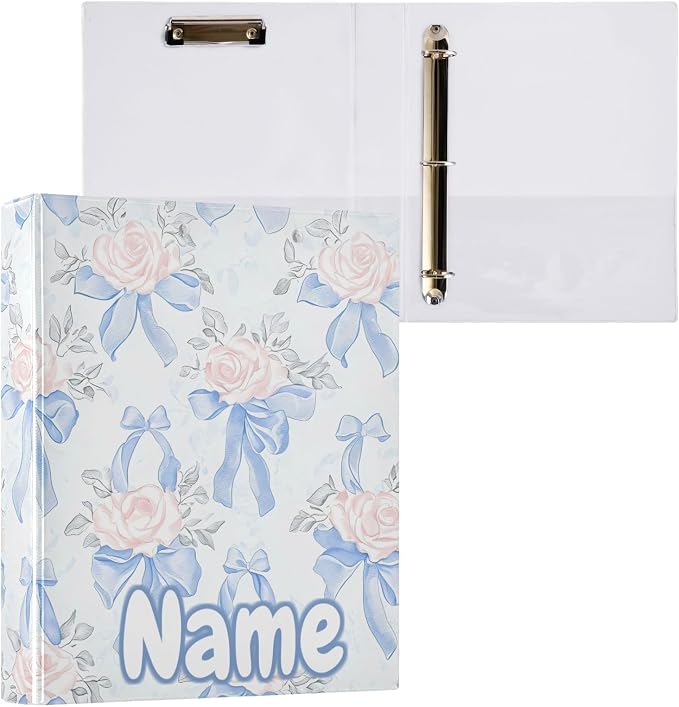 Custom 3 Ring Binder Blue Bows Pink Roses 1.5" Round Ring Binders Personalized Name View Binder with 200 Sheet for Kids School Supplies Women Men Office, 1 Pack
