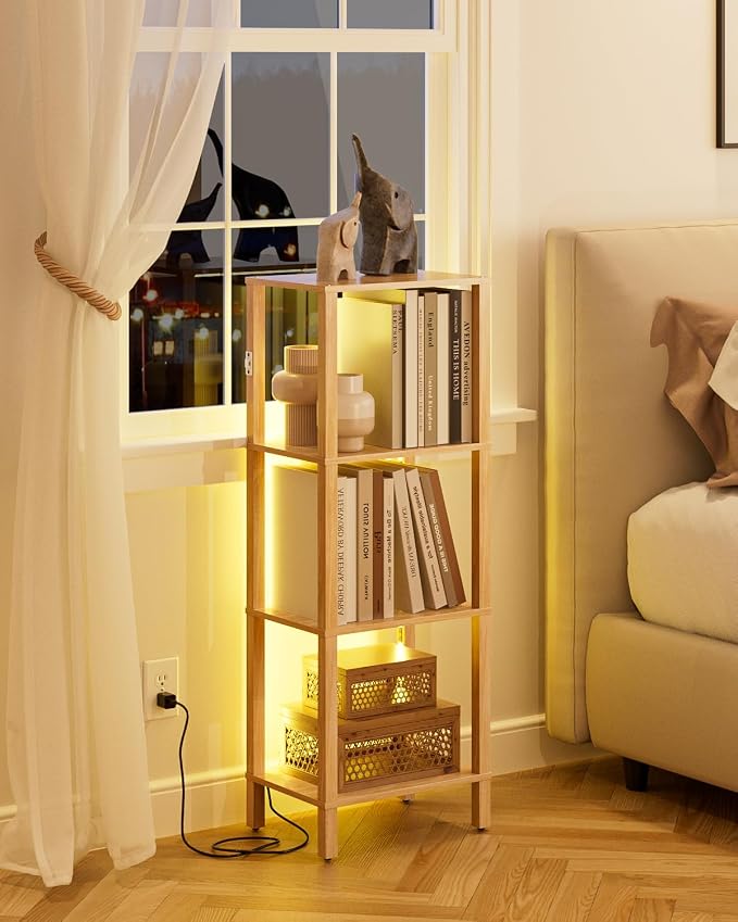 Open Book Shelf with LED Lights, 4 Tier Small Bookshelf, Freestanding Shelf Narrow Bookcase with Open Shelves, 14.96" x 10.63" x 41.26", Book Shelves for Living Room, Office, Study, Oak