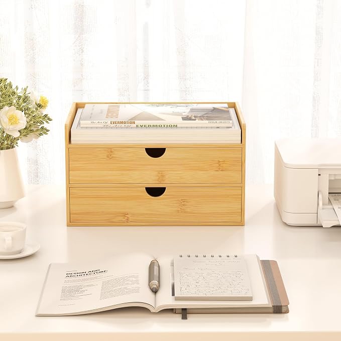 Bamboo Desk Organizer with Drawers, Desktop Storage Box for Office Supplies | 2 Drawers Desktop organizer, No Assembly Required, Natural Wood Wooden Desktop Drawers for Bills, Cosmetics, Seals, Paper