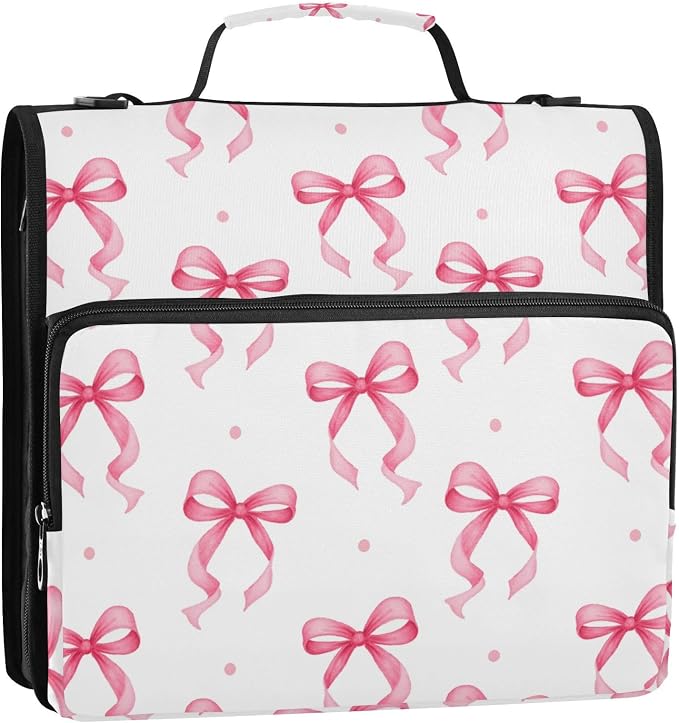 3 D-Ring Zipper Binder Bag, Pink Ribbon Bow Dots Pattern Removable Binder with Zipper Case Hold 300+ Sheets& 13 Inch Laptop for School Office Supplies Organizer