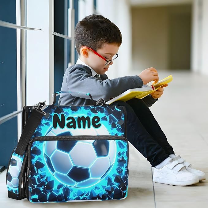 Custom 3D Soccer Football Blue 3 Ring Binder Bag 1.5 inch Personalized Name Binder Organizer 500 Sheet Documents Storage for School Office