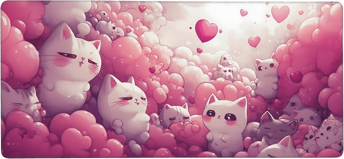 Cute Anime White Cat Gaming Mouse Pad, Pink Dreamy Desk Mat with Anti-Slip Base & Stitched Edges, Computer Keyboard & Laptop Pad, 35.4" x 15.7" in in Workstation Accessories