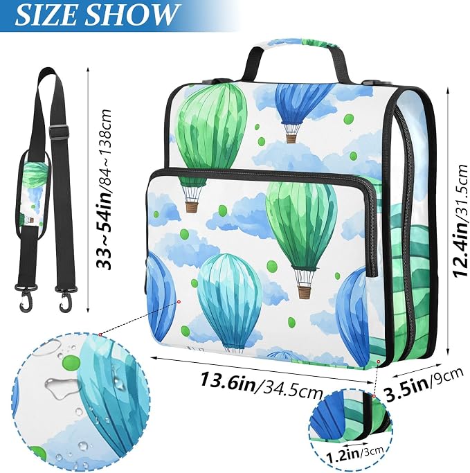 Hot Air Balloon Watercolor 3 Ring Zipper Binder Bag Binder Organizer with Handle Shoulder Strap for School Work Office Supplies