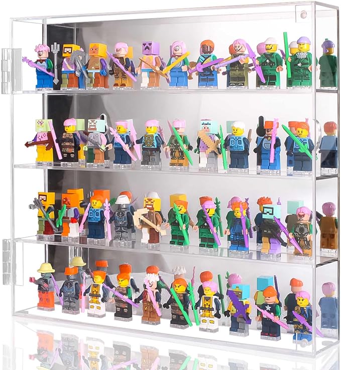 Acrylic Minifigure Display Case, Clear Display Cases for Collectibles with Mirrored, Figure Building Blocks Shadow Box, Small Anime Figure Thimble Showcase Holds 40 Minifigs (Figure not Included)