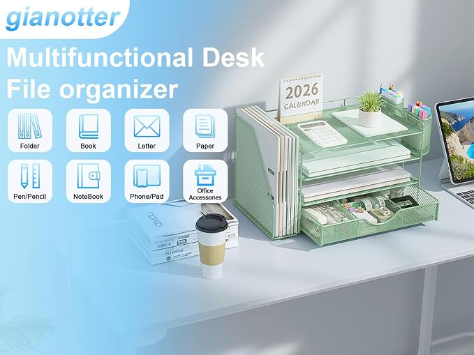 gianotter 4-Tier Desk Organizer with Drawers, File Holders, Letter Trays and Pen Holders - Workspace Accessories for Office Supplies (Sage Green)
