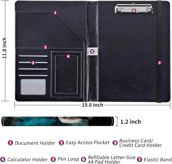 Padfolio/Portfolio Folder Clipboard,Padfolio Clipboard,Writing Portfolio Leather with Cover for Card Holder Slot Letter Size A4 for Office Conference Notepad Clip Boards,Dream Catcher Wolf