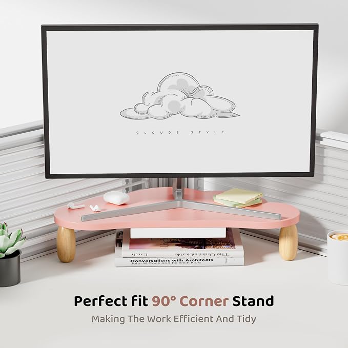 AFOOYO Monitor Stand Riser,Cloud-Shaped Sturdy Wood 16.5In Computer Monitor Riser Wirh Drawer, Multi-Purpose Desktop Organizer Riser for Computer,Laptop,Printer,TV,Pink