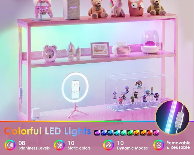 AODK L Shaped Desk Gaming Desk with LED Light & Power Outlet | 53 Inch Pink Reversible L Shaped Computer Table with Shelf & Storage Bag & Hook for Home Office
